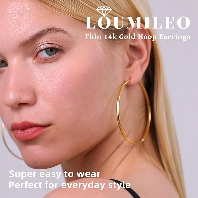 LOUMILEO 2mm Thin 925 Sterling Silver & 14k Gold Plated Hoop Earrings Large Silver Hoop Earrings Hypoallergenic Lightweight Hoops Earrings for Women 30/40/50/65MM