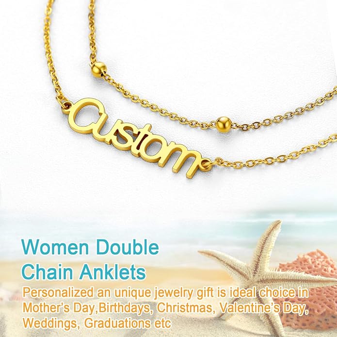 U7 Custom Layered Ankle Bracelets for Women Stainless Steel Bead/Cuban/Figaro/Rope/Wheat Chain Anklet Waterproof Anklet Jewelry for Beach Vacation