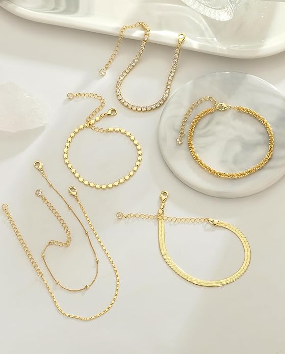 Gold Bracelets for Women 14K Gold Plated Stack Trend Bracelets Charm Paperclip Chain Cuban Link Layered Waterproof Bracelet Dainty Bracelet for Women Jewelry Gifts