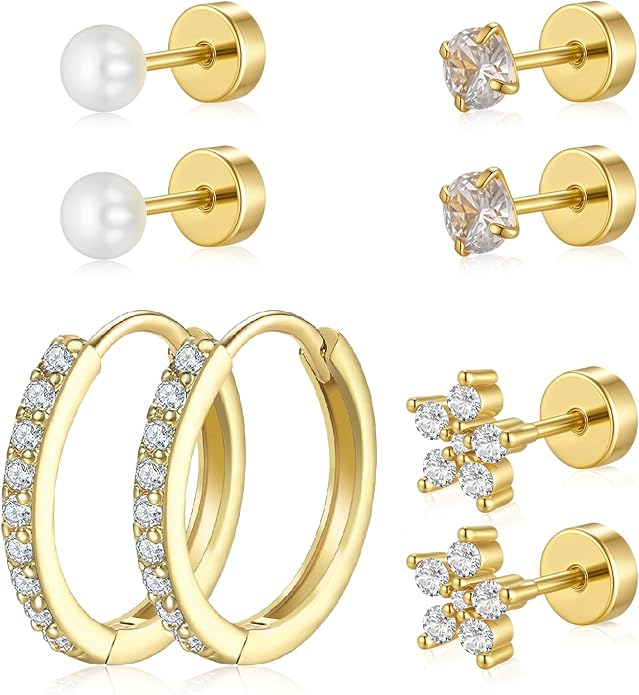 Gold Hoop Earrings for Women - 4 Pairs 14K Gold Plated Dainty Huggie Stacks Set for Multiple Piercing, Hypoallergenic Cartilage Earrings CZ Trendy Fashion Jewelry