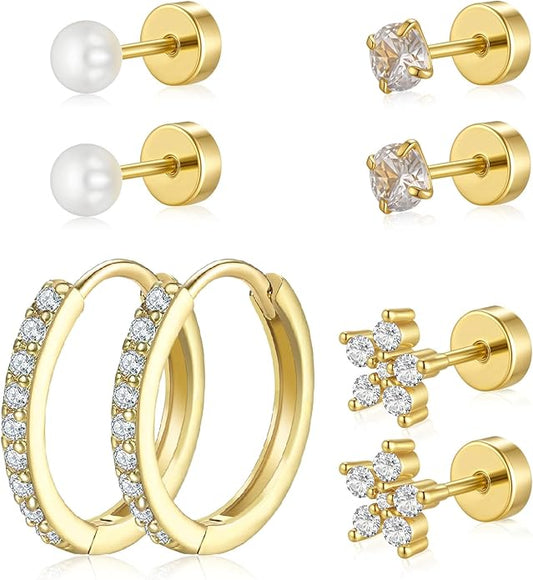 Gold Hoop Earrings for Women - 4 Pairs 14K Gold Plated Dainty Huggie Stacks Set for Multiple Piercing, Hypoallergenic Cartilage Earrings CZ Trendy Fashion Jewelry