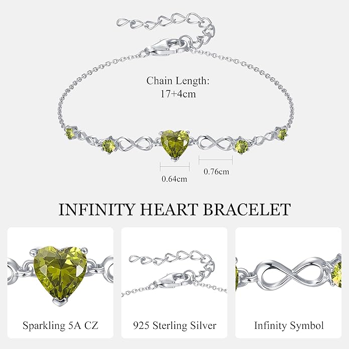 G&GEMSJEW Infinity Heart Birthstone Bracelets for Women, 925 Sterling Silver Women Charm Link Bracelet Adjustable, Birthday Anniversary Christmas Jewelry Gifts for Women Wife Mom Girlfriend Her