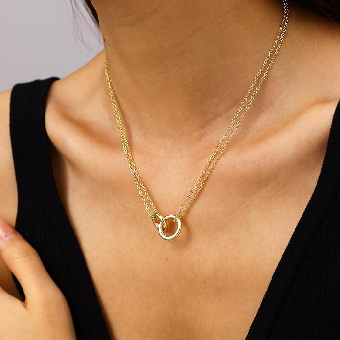 Gold Necklace for Women, Dainty 14K Gold Plated Pendant Necklaces for Women Trendy Simple Choker Chain Cubic Zirconia Circle/Interlocking/Sun Necklace Fashion Jewelry Birthday Christmas Gift