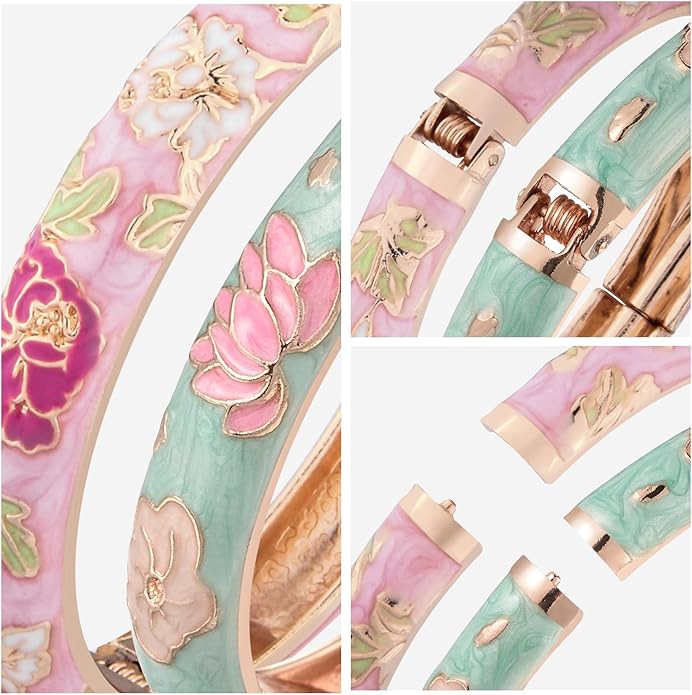 UJOY Cloisonne Bracelet Butterfly Hinge Indian Cuff Bangle Enameled Jewelry Flower Bracelets for Women Gift Box 55A114