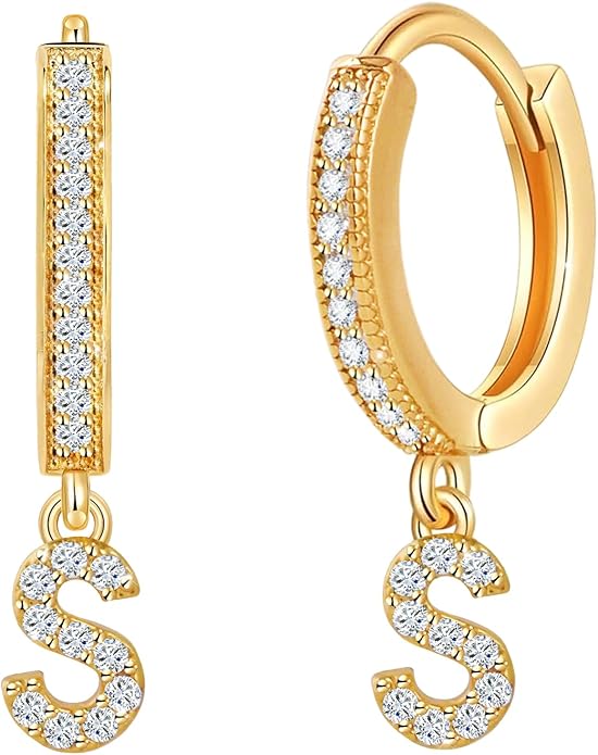 18K Gold Filled Initial Dangle Hoop Earrings for Women, 1 Pair CZ Hypoallergenic Alphabet Letter A-Z Drop Dangle Dainty Gold Earrings, Small Huggie Hoop Earrings with Cubic Zirconia Gifts Jewelry