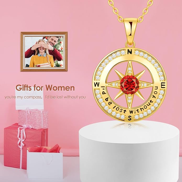 Zifeel Compass Necklace Gifts for Women wife - S925 Sterling Silver Birthstone Necklaces for Women - Anniversary Birthday Gifts for Her Wife Girlfriend - Valentines Mom Mothers Day Christmas Gifts Jewelry for Women
