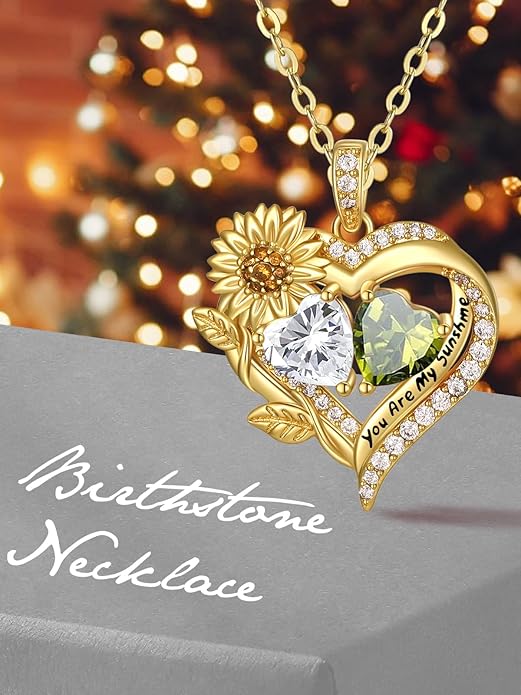 Sunflower Heart Necklace for Women 14K Gold Exquisite Anniversary Birthday Gifts for Wife Mother Her Double Birthstone Pendant jewelry‘You Are My Sunshine’