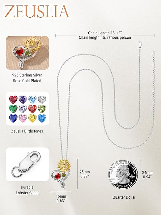 Zeuslia Double Birthstone Necklace Gifts for Wife - 925 Sterling Silver Sunflower/Rose/Crown Cross/Compass/Heart Pendant I Love You Necklace, Anniversary Birthday Gifts for Wife Girlfriend Mom Her