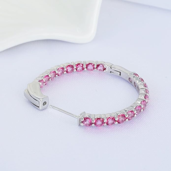 Hoop Earrings with 40 Colored Gemstones, Birthstone Earrings, 925 Sterling Silver Rhodium Plated, Push Back Closure, 1.18'