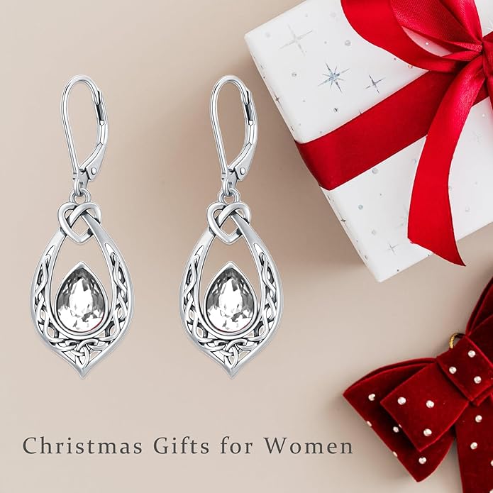Celtic Knot Dangle Earrings 925 Sterling Silver Oxidized Vintage Drop Leverback Earrings with 8 * 6mm Simulated Birthstone Crystal Christmas Jewelry Gifts for Women (Gift Box)