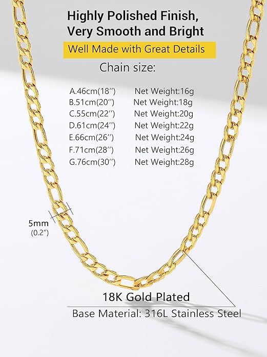 PROSTEEL 316L Stainless Steel Figaro Cuban Chain Necklace for Men, Black/18K Real Gold Plated, 4/5/6/7.5/9/10/13mm, 14inch-30inch, Come with Box