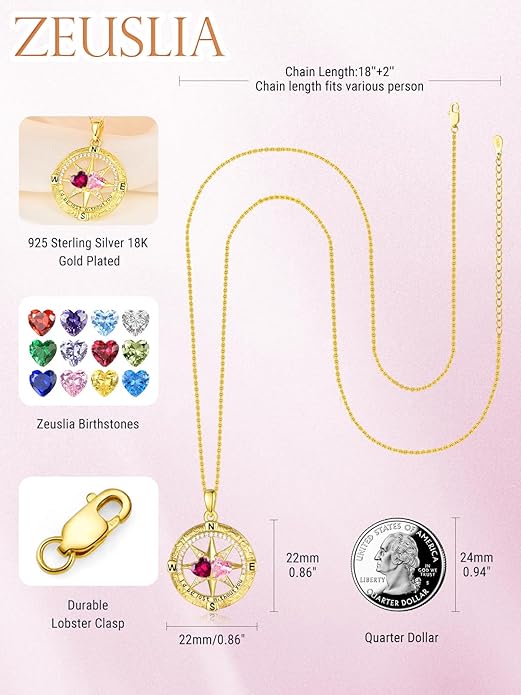 Zeuslia Double Birthstone Necklace Gifts for Wife - 925 Sterling Silver Sunflower/Rose/Crown Cross/Compass/Heart Pendant I Love You Necklace, Anniversary Birthday Gifts for Wife Girlfriend Mom Her