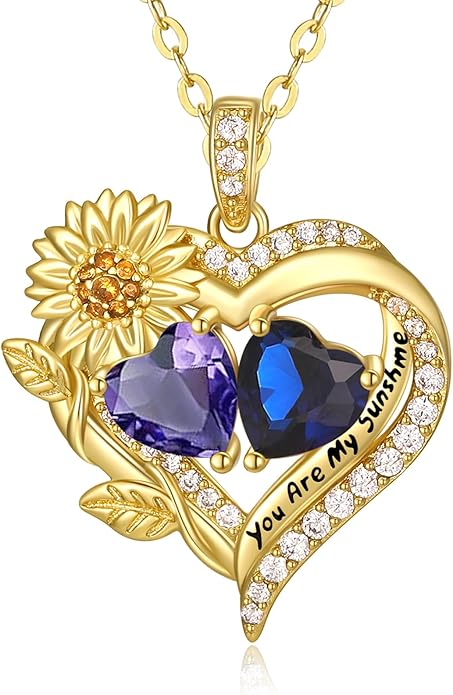 Sunflower Heart Necklace for Women 14K Gold Exquisite Anniversary Birthday Gifts for Wife Mother Her Double Birthstone Pendant jewelry‘You Are My Sunshine’