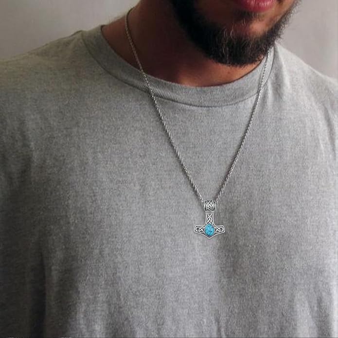 Thor's Hammer Necklace 925 Sterling Silver Viking Thor Hammer Necklace with Turquoise Norse Mjolnir Pendant Viking Jewelry Gifts for Men