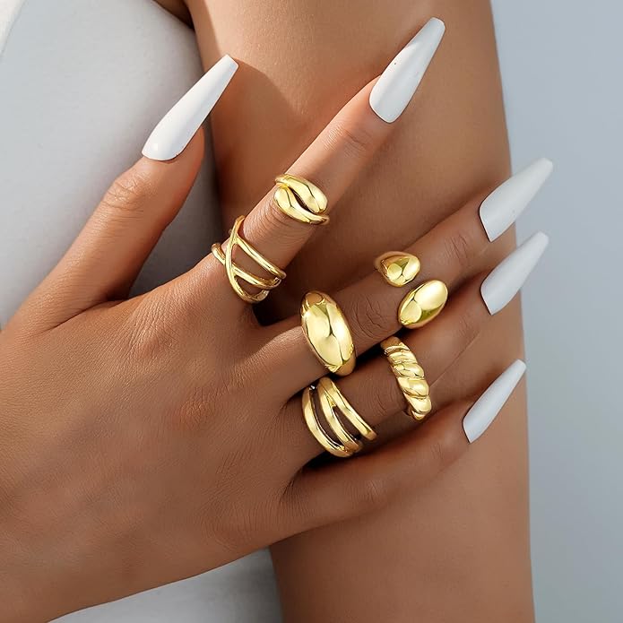 17 MILE Chunky Gold Stackable Rings for Women Non Tarnish, 18K Gold-Plated Statement Open Stacking Rings, Knuckle Band Ring Set