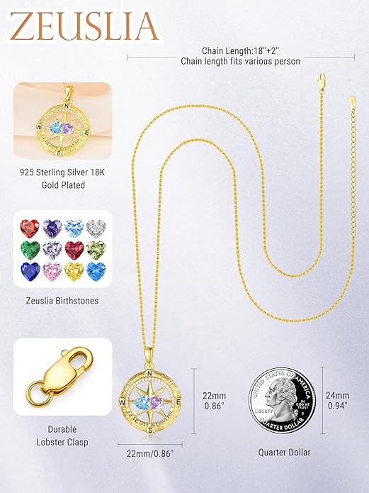 Zeuslia Double Birthstone Necklace Gifts for Wife - 925 Sterling Silver Sunflower/Rose/Crown Cross/Compass/Heart Pendant I Love You Necklace, Anniversary Birthday Gifts for Wife Girlfriend Mom Her