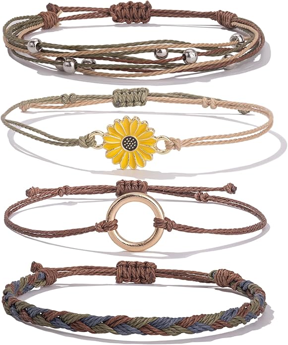 FANCY SHINY Sunflower String Bracelet Boho Braided Rope Wrap Bracelets Cute Summer Beach Surfer Jewelry for Women