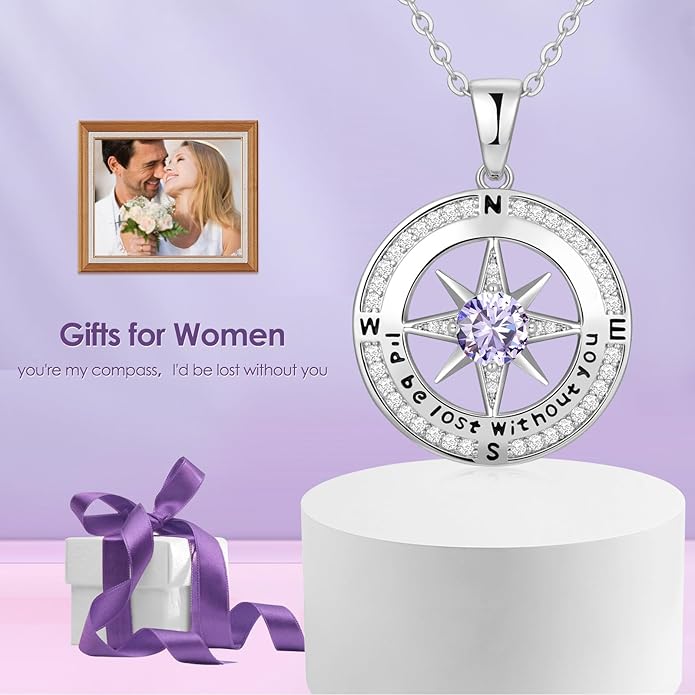 Zifeel Compass Necklace Gifts for Women wife - S925 Sterling Silver Birthstone Necklaces for Women - Anniversary Birthday Gifts for Her Wife Girlfriend - Valentines Mom Mothers Day Christmas Gifts Jewelry for Women