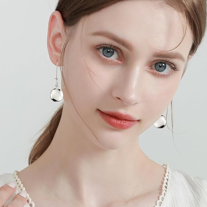 14K Gold Dangle Earrings for Women，Lightweight Circle Disc Coin Geometric Flat Brushed Drop Earrings, Hypoallergenic Leverback Earrings S925 Jewelry