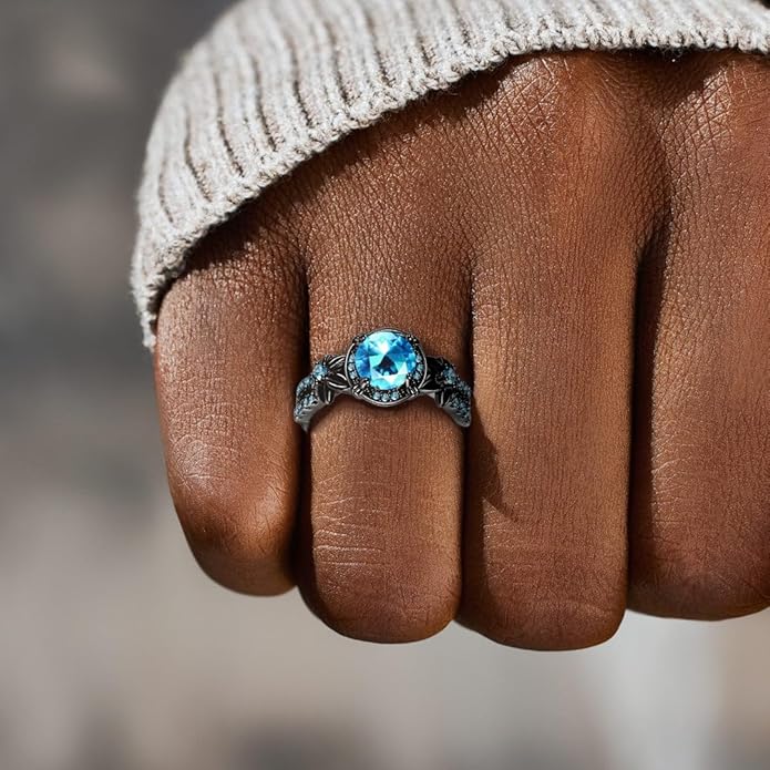 Gothic Black Rings for Women, Mystic Rainbow Topaz with Created Amethyst Flower Goth Black Gold Wedding Engagement Ring Size 6 to 11