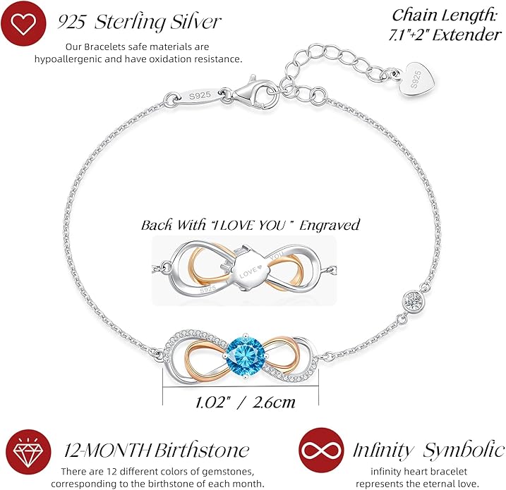 LOUISA SECRET Rose Gold Infinity Heart Bracelet for Women, Adjustable Chain 925 Sterling Silver Link Birthstone Bracelets, Best Anniversary Birthday Jewelry Gifts for Women Mom Wife Her