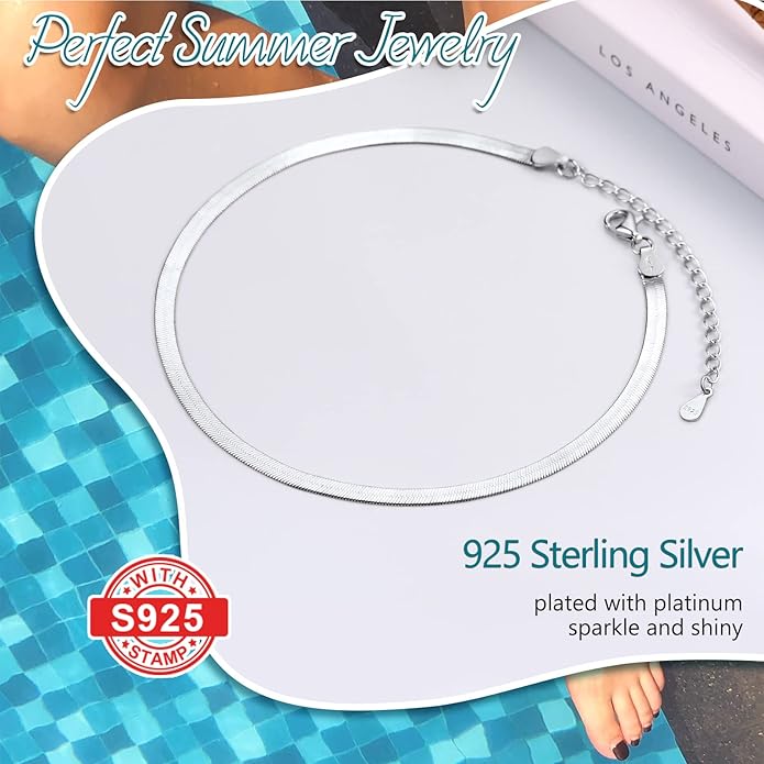 PROSILVER 925 Sterling Silver Ankle Bracelets For Women, Stylish Chain Anklets, Summer Beach Jewelry, 8.6-10.6 Inch Adjustable, Come with Box