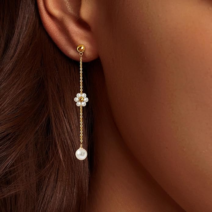 IMBOS Pearl Earrings 14k Gold Plated Daisy Flower Stud Earrings for Women Ball Stud Flat Back Earring Hypoallergenic Statement Earring Trendy Jewelry Gift for Women