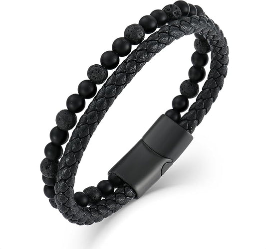 Mens Tiger Eye Matee Black Onyx Lava Rock Volcanic Stone Beaded Bracelet, Black Braided Leather Bracelet for Men