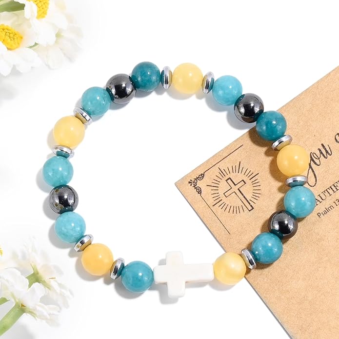 VIBILIA Cross Beaded Bracelets for Women, Inspirational Natural Heart Religious Bracelets for Women, Birthday Christian Gifts for Women on Thanksgiving Christmas Gifts