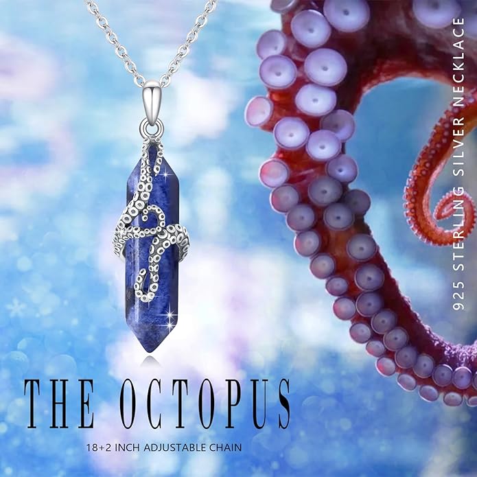 OHAYOO Octopus Tentacles Necklace 925 Sterling Silver Octopus Pendent Necklace Wrapped Obsidian Octopus Jewelry Gifts for Women