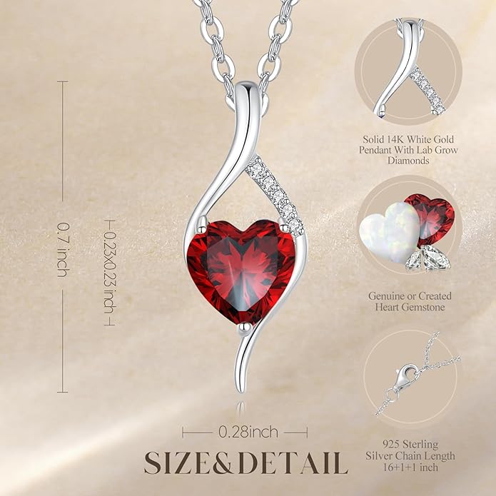 FANCIME 14K Solid White Gold Birthstone Necklace Genuine or Created 6mm Heart Gemstone Pendant with Lab Grow Diamonds Sterling Silver Chain Fine Jewelry Anniversary Birthday Gifts for Women 16" + 2"