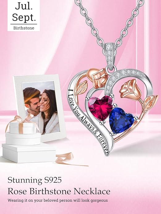 Zeuslia Double Birthstone Necklace Gifts for Wife - 925 Sterling Silver Sunflower/Rose/Crown Cross/Compass/Heart Pendant I Love You Necklace, Anniversary Birthday Gifts for Wife Girlfriend Mom Her