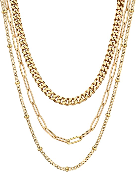 AILPIWE Layered Gold Necklaces for Women, 18K Gold Plated Dainty Paperclip Box Cuban Satellite Chain Necklace Set, Simple Gold Necklace Stack for Women