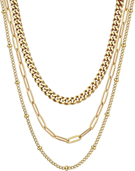 AILPIWE Layered Gold Necklaces for Women, 18K Gold Plated Dainty Paperclip Box Cuban Satellite Chain Necklace Set, Simple Gold Necklace Stack for Women