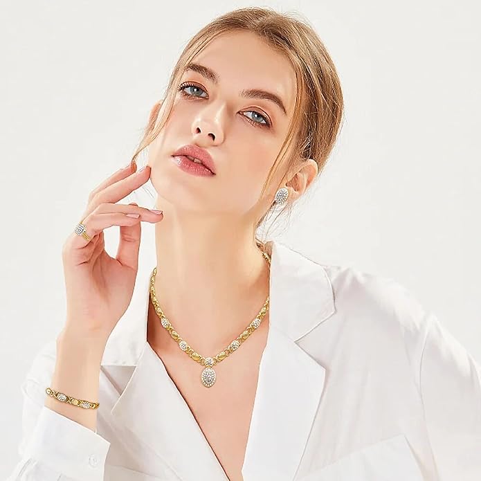 Gold Jewelry Sets for Women 18K Gold/Silver Filled Jewelry Necklace Set Wedding Bridal Fashion Jewelry Sets Women Accessories Bracelets Earrings and Rings Sweetheart Gifts