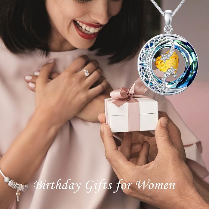 TOUPOP Christmas Gifts Birthstone Necklace 925 Sterling Silver Moon and Star Pendant with Blue Crystal Celtic Moon Jewelry Birthday Gifts for Women Mom Wife Her Daughter