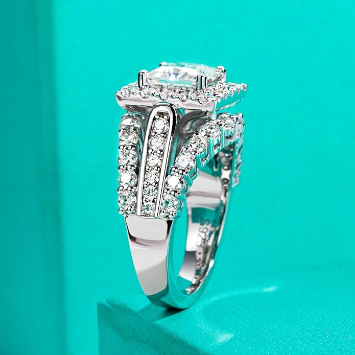 AnuClub Princess/Cushion/Oval Cut Moissanite Engagement Rings 3-3.884cttw D Color VVS1 925 Sterling Silver 3 Rows Vintage Halo Wedding Promise Statement Rings for Women with Certificate