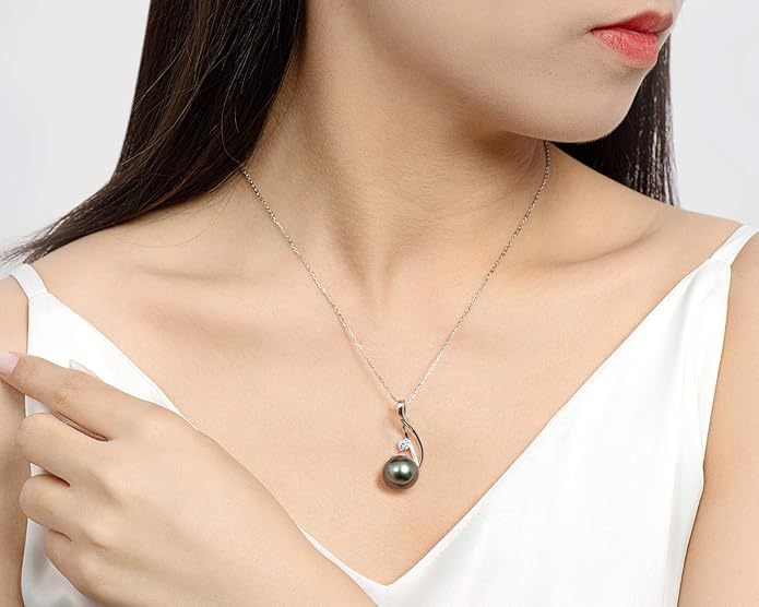 DENGGUANG Tahitian Black Pearl Necklace for Women Genuine 9-10mm Round Tahitian Cultured Pearls Pendant 18K Gold Plated 925 Sterling Silver - Jewelry Gifts for Mom Wife Daughter