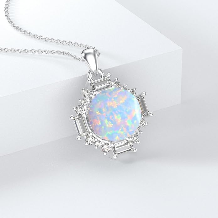 Vintage Opal Necklaces for Women Platinum Plated Silver White Opal Pendant October Birthstone Jewelry, 18''-20''