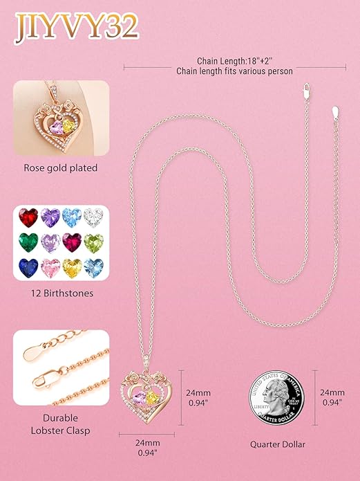 JIYVY32 Rose Heart Necklace for Women Exquisite 925 Sterling Silver Anniversary Birthday Gifts for Wife Mom Her Double Birthstone Pendant Jewelry