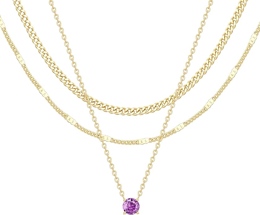 WomenGifts Layered Gold Necklaces for Women, 14K Gold Sterling Silver Plated Dainty Pendant Necklace Set with Cubic Zirconia Circle, Chunky Stackable Cuban Chain Choker, Trendy Personalized Birthstone Jewelry Gift Non Tarnish