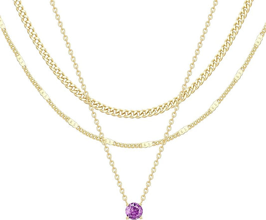 WomenGifts Layered Gold Necklaces for Women, 14K Gold Sterling Silver Plated Dainty Pendant Necklace Set with Cubic Zirconia Circle, Chunky Stackable Cuban Chain Choker, Trendy Personalized Birthstone Jewelry Gift Non Tarnish