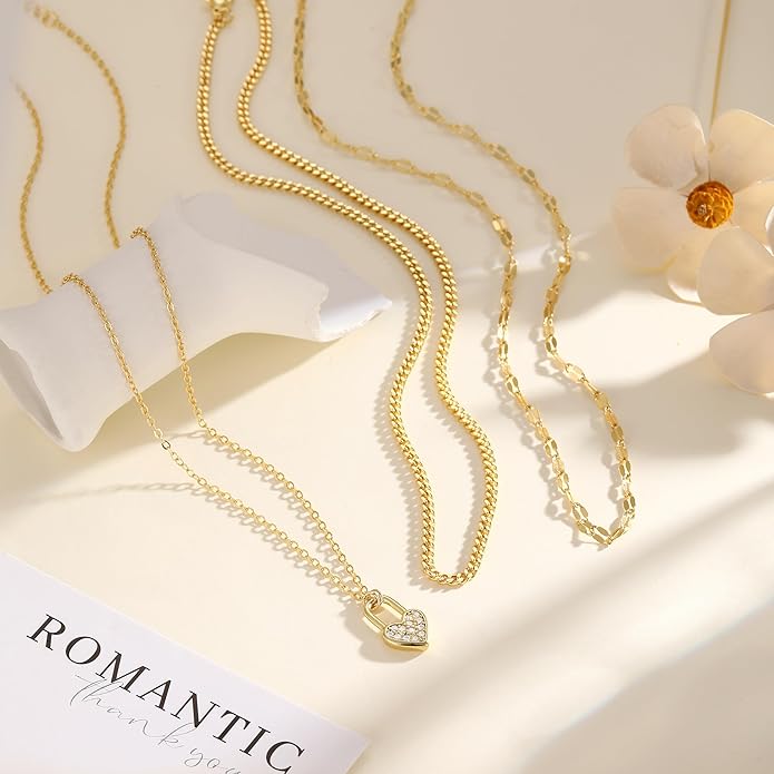 Gold Necklace for Women 14K Gold Plated Layered Necklaces Dainty Pendant Necklace Cute Stack Necklaces Set Fashion Jewelry Gift for Her