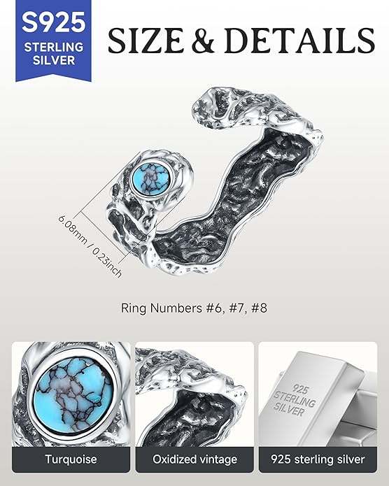 S925-Sterling-Silver Abalone Dragonfly-Turquoise Spoon Ring - Vintage Boho Sunflower Thumb Oxidized Wrap Rings Victorian Style Antique Floral Jewelry Gifts for Women