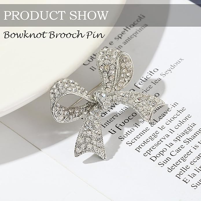 Kprusoian Elegant Crystal Bow Brooch Pin for Women,Vinage Sparkly Rhinestones Brooches Pins Beautiful Lapel Pins Dress Suit Shirt Ceremony Clothes Accessories Jewelry