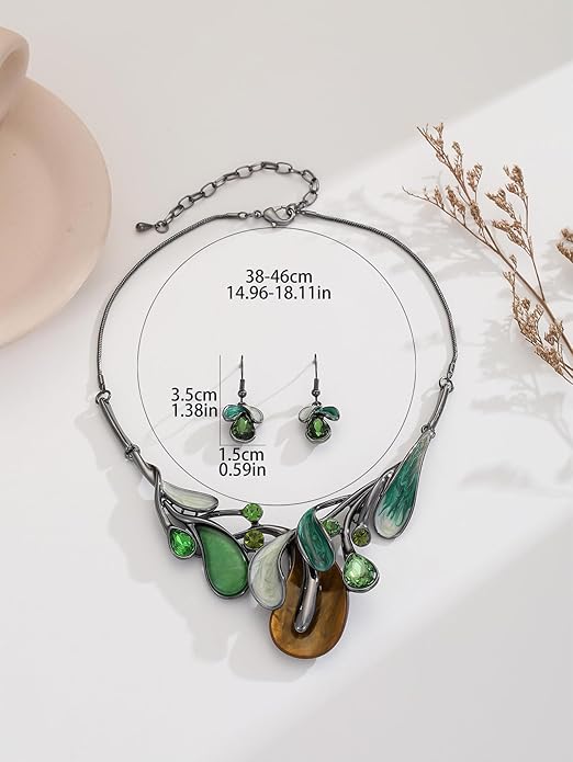 Chunky Statement Jewelry Set Vintage Retro Leaf Flower Floral Geometric Bohemian Boho Bib Necklace Earring Set Fashion Costume Jewelry for Women Girls Wedding Party Prom Unique Gift