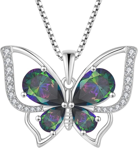 YL Women's Butterfly Necklace 925 Sterling Silver Flower Rose Pendant Birthstone Halo Jewelry