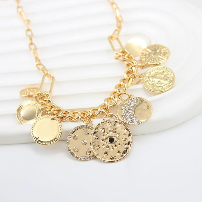 Charm Necklace for Women Gold Plated Chunky Evil Eye Sun Moon Flower Coin Pendant Dainty Handmade Paperclip Chain Necklace Jewelry for Women