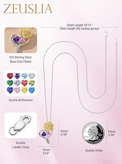 Zeuslia Double Birthstone Necklace Gifts for Wife - 925 Sterling Silver Sunflower/Rose/Crown Cross/Compass/Heart Pendant I Love You Necklace, Anniversary Birthday Gifts for Wife Girlfriend Mom Her