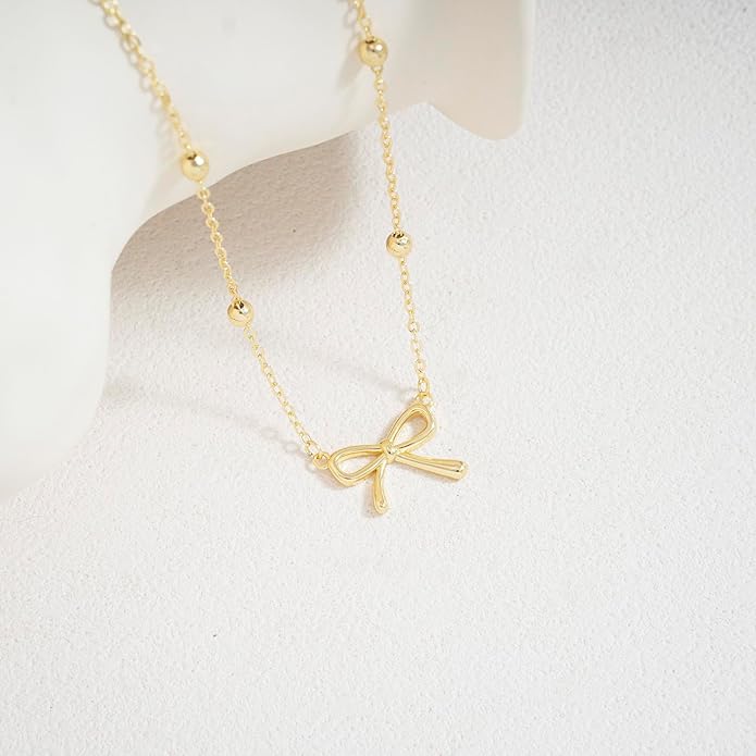 Gold Necklace for Women Dainty Bow Necklace 14K Gold Plated Cute Choker Necklace Small Bow Pendant Charm Necklaces Teen Gift Trendy Stuff Personalized Jewelry Gifts